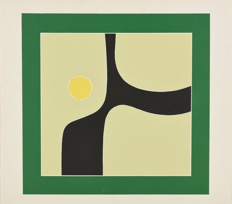 Catalogue raisonné, Jean Legros, Pochoir Composition, arabesque noire et cercle jaune, 1972