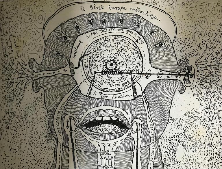 Dessin à l'encre, homme au béret, Le Bon écouteur (Béret basque authentique) - 1962