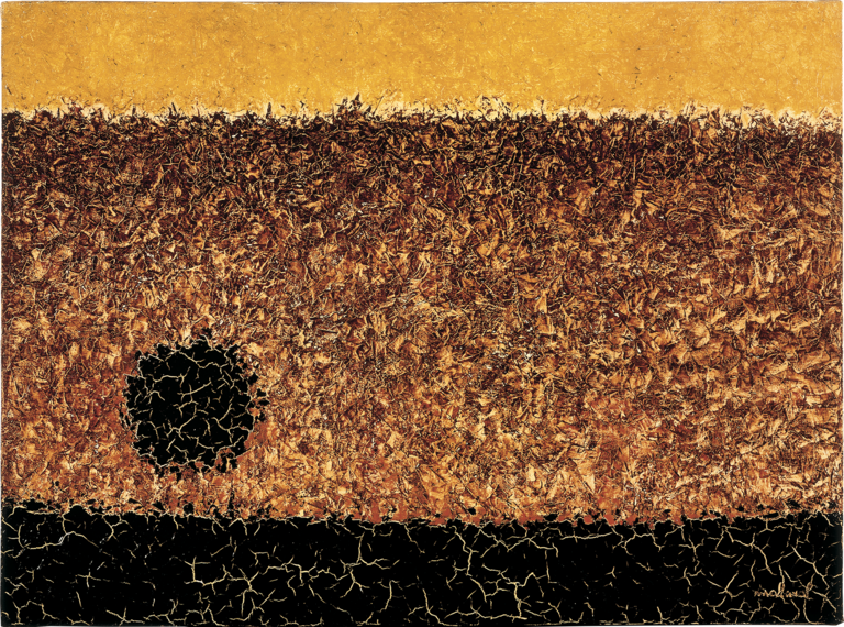 Catalogue raisonné, Paysage abstrait, ligne noire, tâche brune sur fond ocre sombre et ligne supérieure ocre jaune