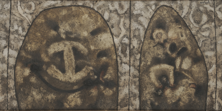 Formes ocres oblongues et signes
