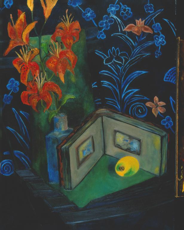 Catalogue raisonné, Brigitte Moreau Serre, Nature morte sur fond bleu au cadre