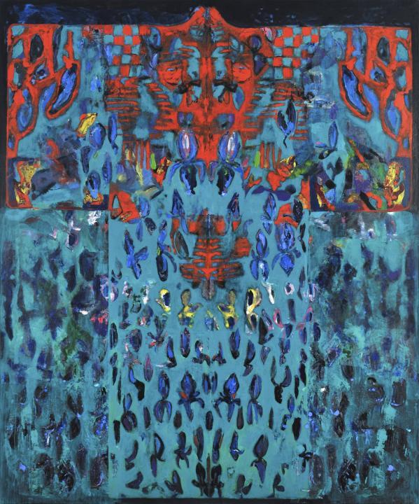 Michaële-Andréa Schatt, "Kimono aux Iris / Nocturne", 2011-2012. Techniques mixtes sur toile, 180 x 150 cm (collection particulière)