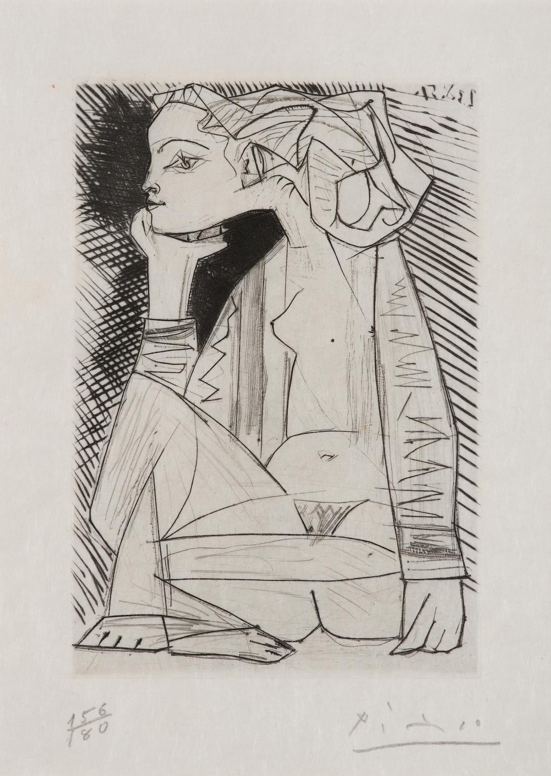 Pablo Picasso (1881-1973), Femme assise en tailleur : Geneviève Laporte, 1951, gravure et pointe sèche sur papier Japon nacre, image : 14,4 x 10 cm, feuille : 30,8 x 23,2 cm