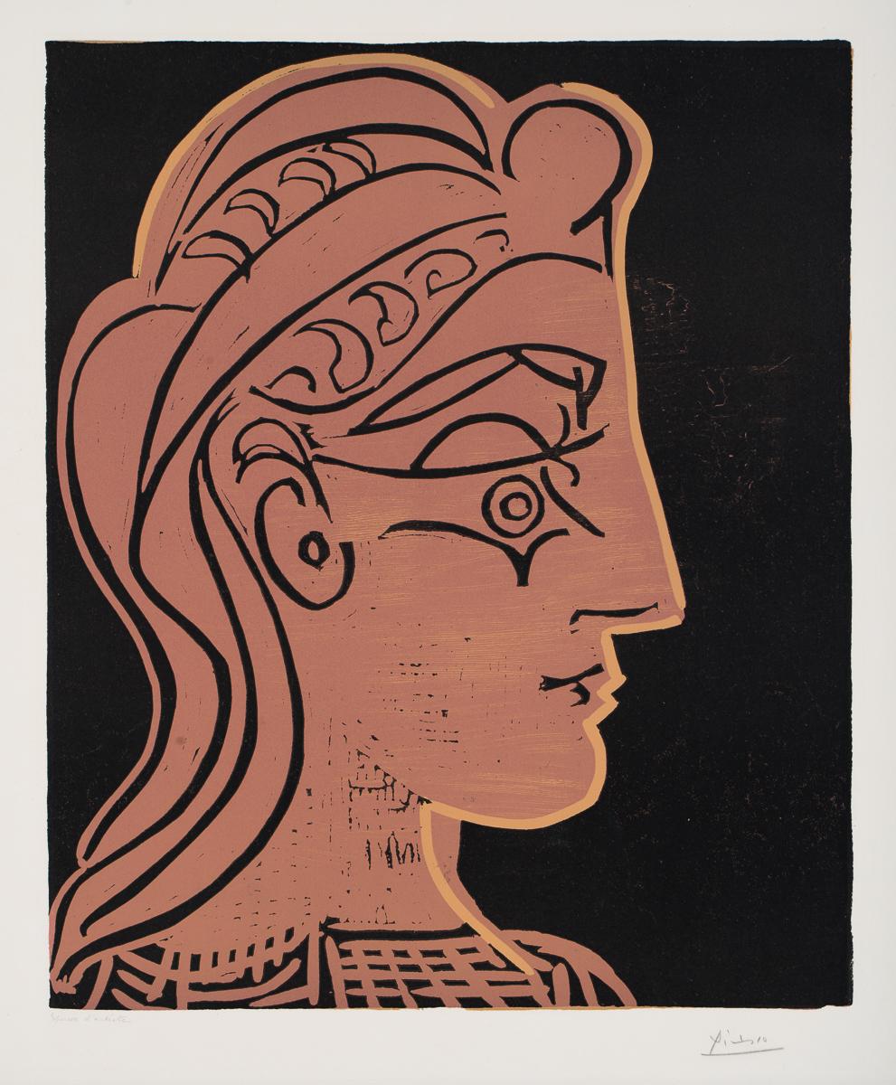 Pablo Picasso (1881-1973), Tête de femme de profil, 1959, linogravure sur papier Arches, image : 64 x 53,5 cm, feuille : 75,2 x 62,2 cm