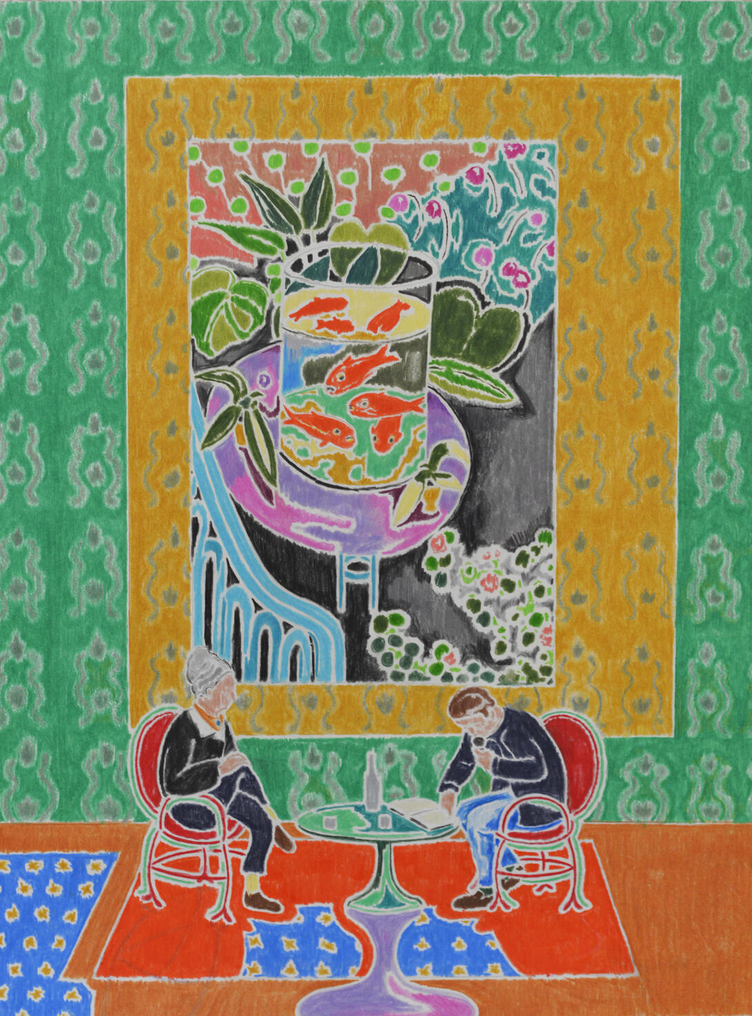 José Cori, A conversation with goldfish, 2022 colored pencils on paper