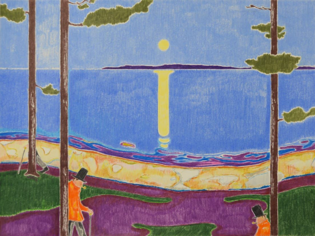 José Cori, Apparitions on a Munch Painting, 2022, crayons de couleur sur papier, 61 x 45,5 cm.