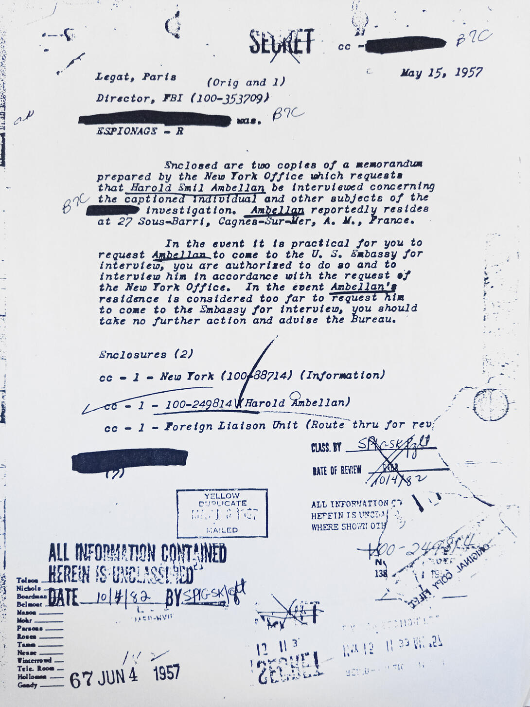 texte de rapport du FBI sur Harold Ambellan FBI