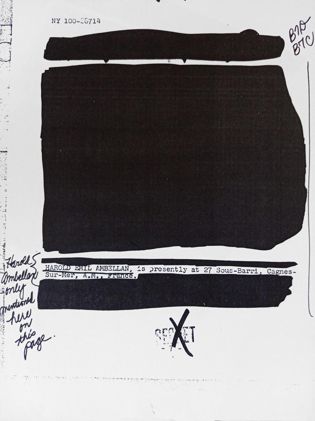 Texte biffé du FBI sur Harold Ambellan FBI